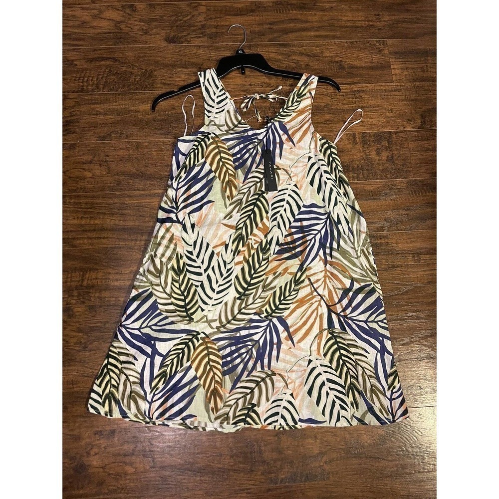 Tahari 100% linen V neck Floral Palm Print Dress Womens Xs Summer Beach